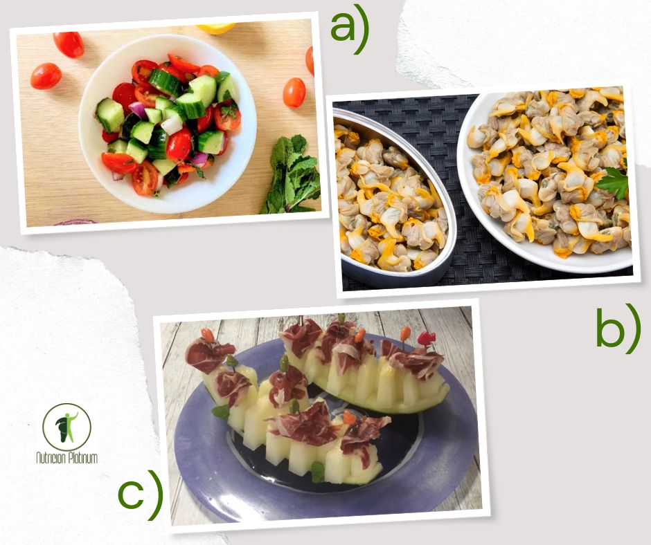 Ensalada Mediterránea con berberechos en conserva y melón tamaño puño.